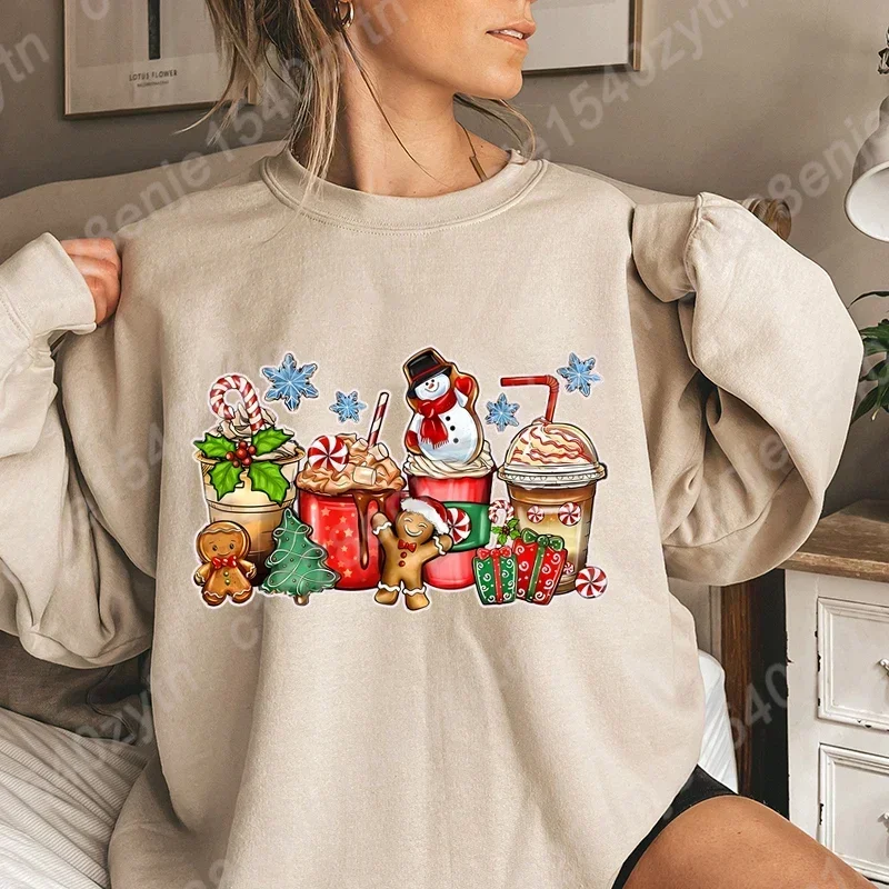 Festive Christmas Beverage Print Casual Fashion Women\'s Long Sleeve Crew Neck Sweatshirt Vintage Style Holiday Top for Ladies