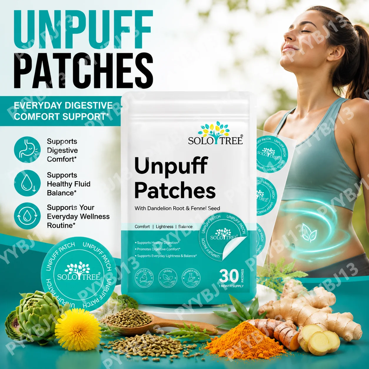 SOLOTREE 30 Counts Breathable Transdermal Wellness Patches Vegan Unpuff Patches with Dandelion Root for Digestion Comfor，Ginger