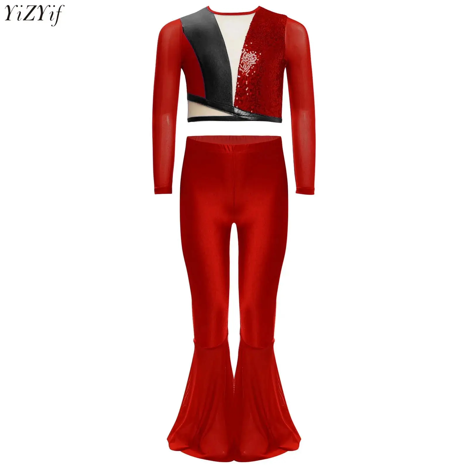 

Kids Girls Disco Dance Outfit Long Sleeve Metallic Sequin Crop Top+Sheer Mesh Patchwork Bell-Bottom Pants Gymnastics Ice Skating