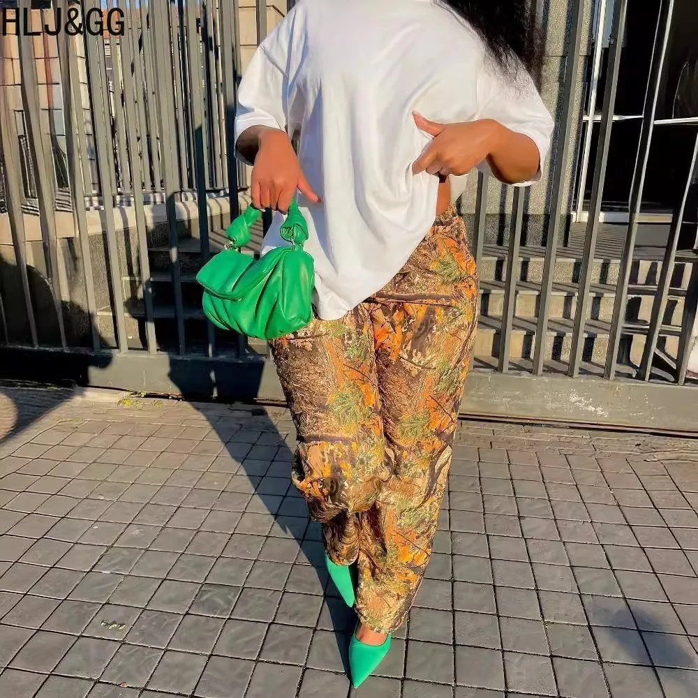 HLJ&GG Spring New Camouflage Print Straight Wide Leg Pants Women High Waisted Button Loose Trousers Casual Female Sporty Bottoms