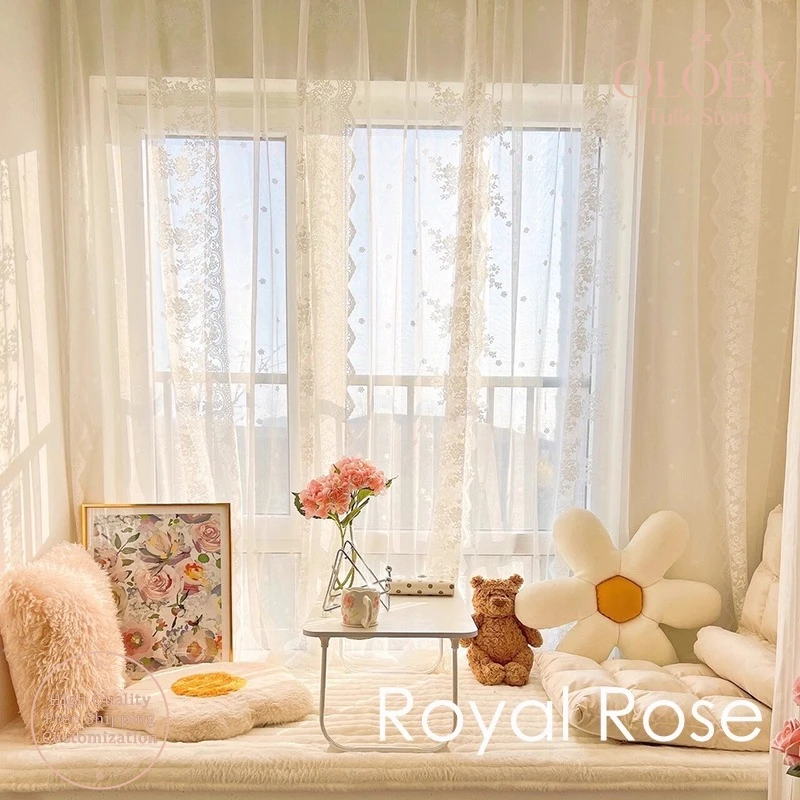 

French Cream Curtains for Living Room White Lace Gauze No Hole Velcro Bay Window Balcony Door Partition Romantic Jacquard Gauze