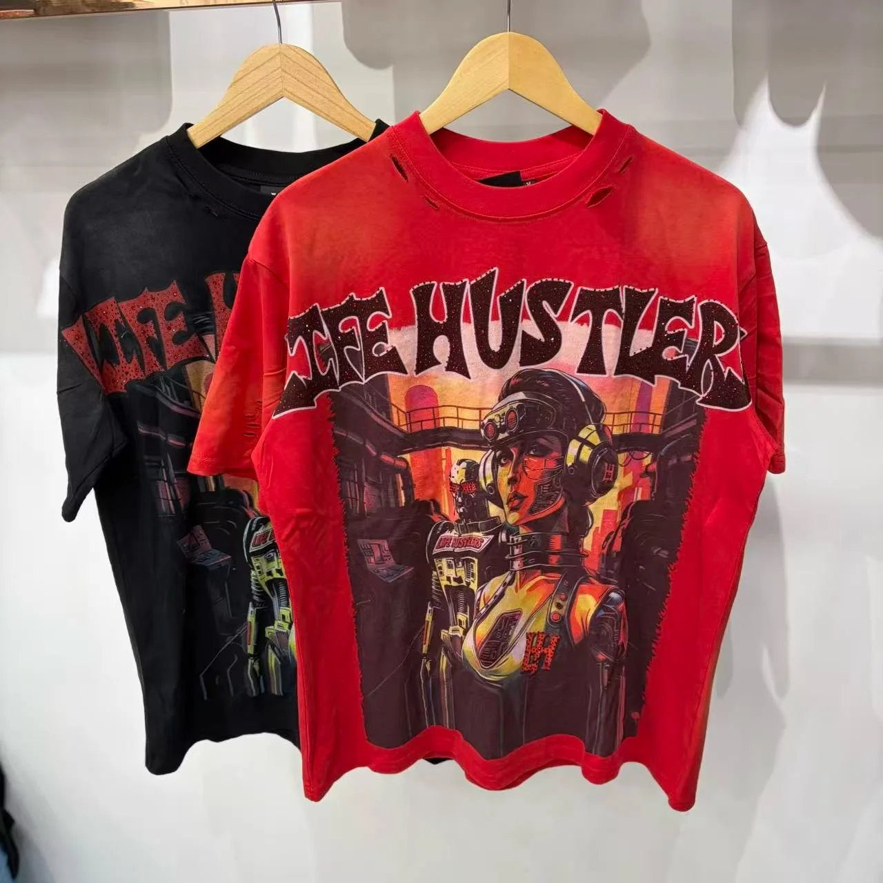 Life Hustlers Street Retro Printed Beaded Washed Vintage Hole-Open Loose Men's and Women's Short-Sleeved T-Shirt