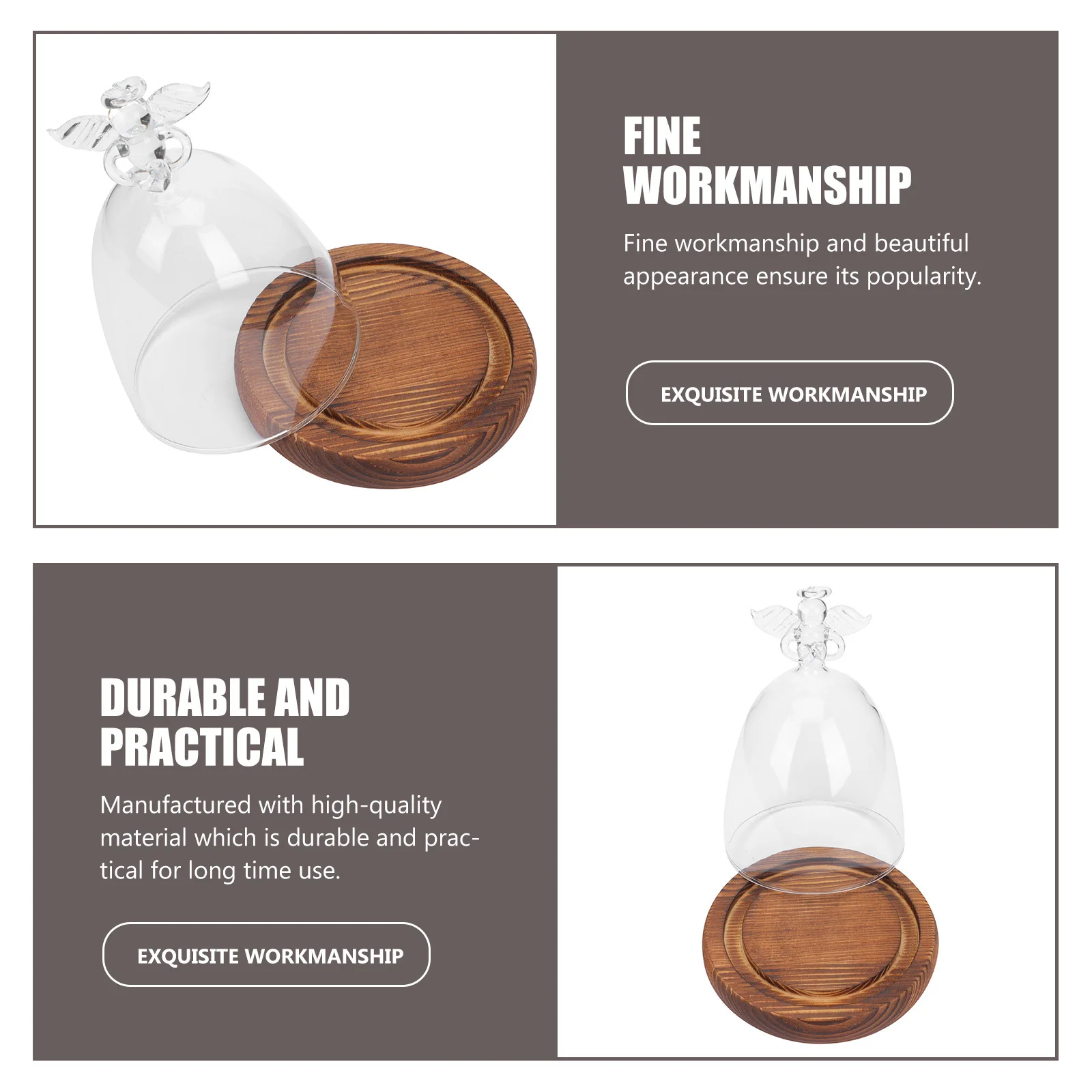 

Clear Glass Dome Angel Design Transparent Glass Cover for Display Tabletop Decoration Micro Landscape Vase with Wood