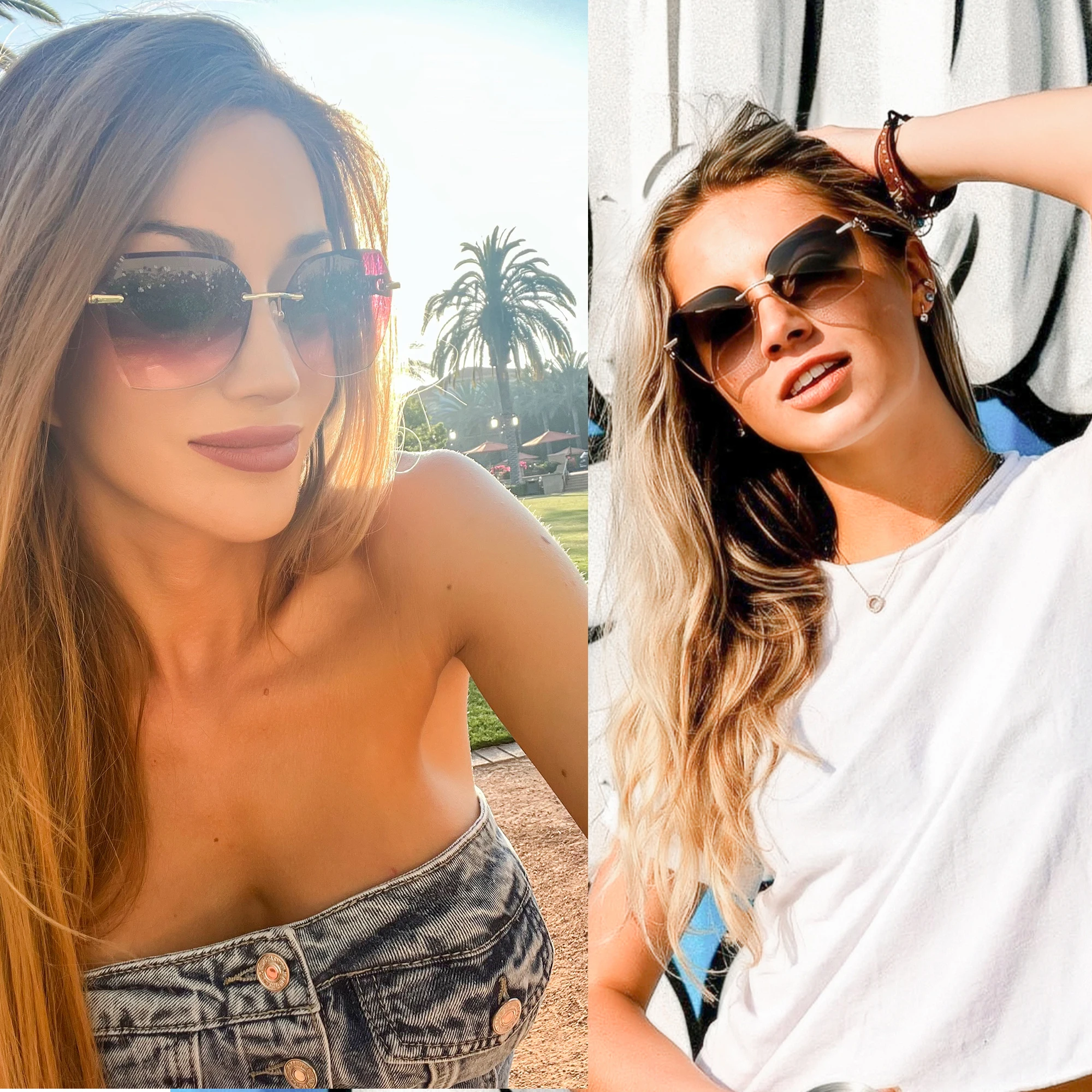 ZENOTTIC Modische Damen-Sonnenbrille ohne Rand, trendige geometrische Diamantschliff-Verlaufsgläser, UV-Schutz – Detail 1
