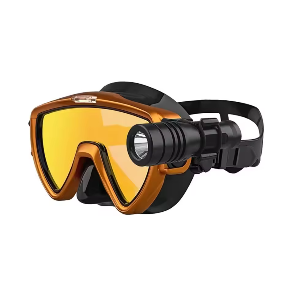 Diving Mask with flashlight Bracket, Liquid Silicone Face Mask,Tempered Glass, Anti-Fog Snorkel Mask Mask Strap Mount Clip