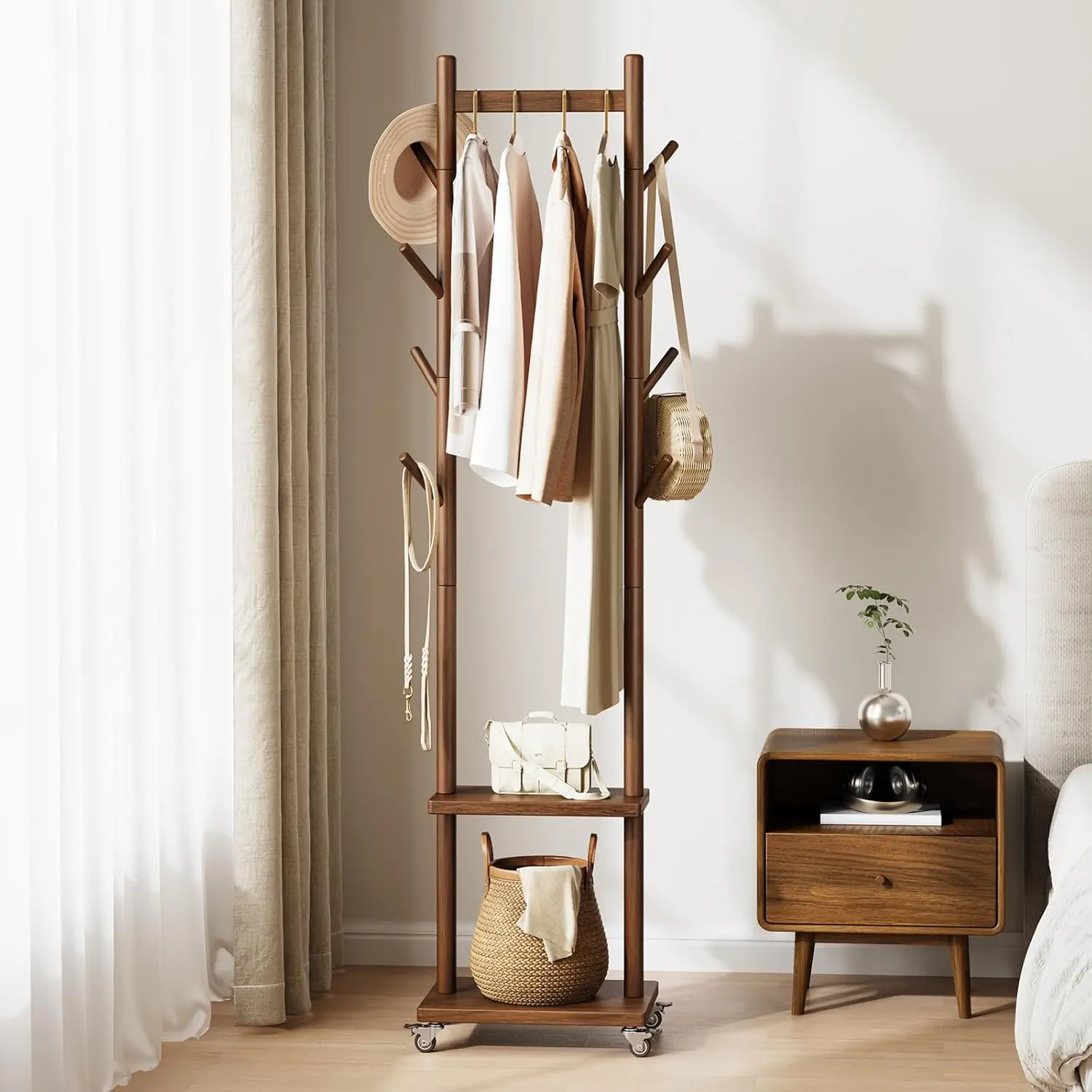 Solid Wood Coat Rack Freestanding -Small Clothing Rack with Wheels, Heavy Duty Clothing Racks for Hanging Clothes, Portable Hall Tree for Entryway