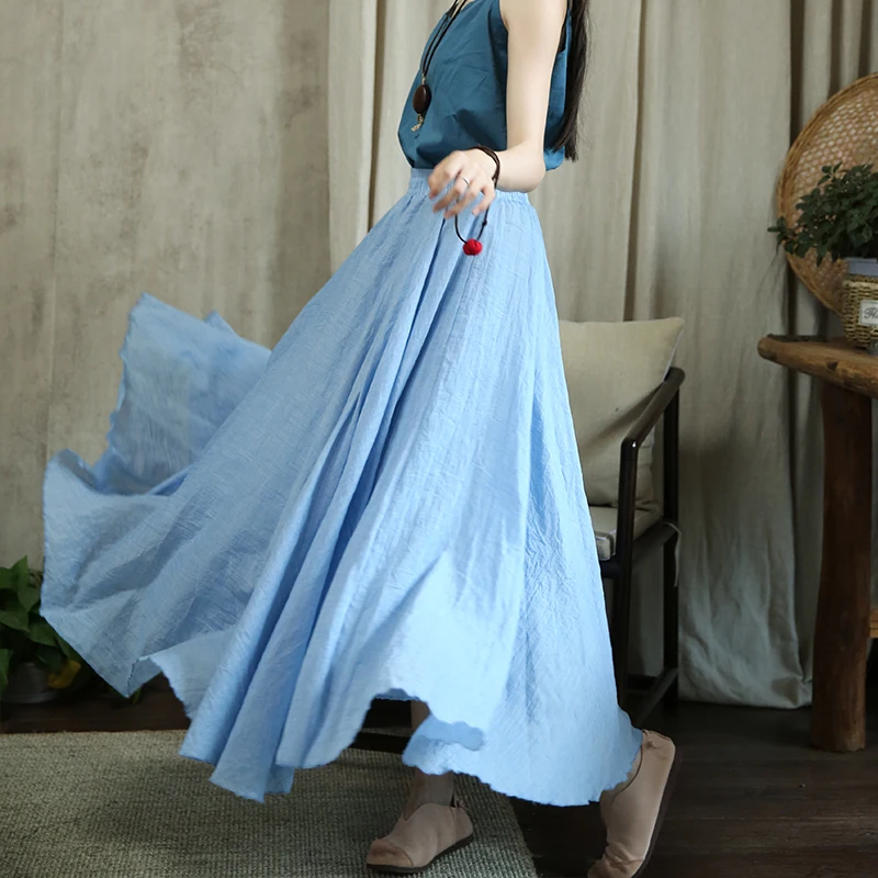 100% Linen Cotton Women Long Skirts Elastic Waist Pleated Maxi Skirts Beach Boho Vintage Summer Skirts Faldas Saia High Street