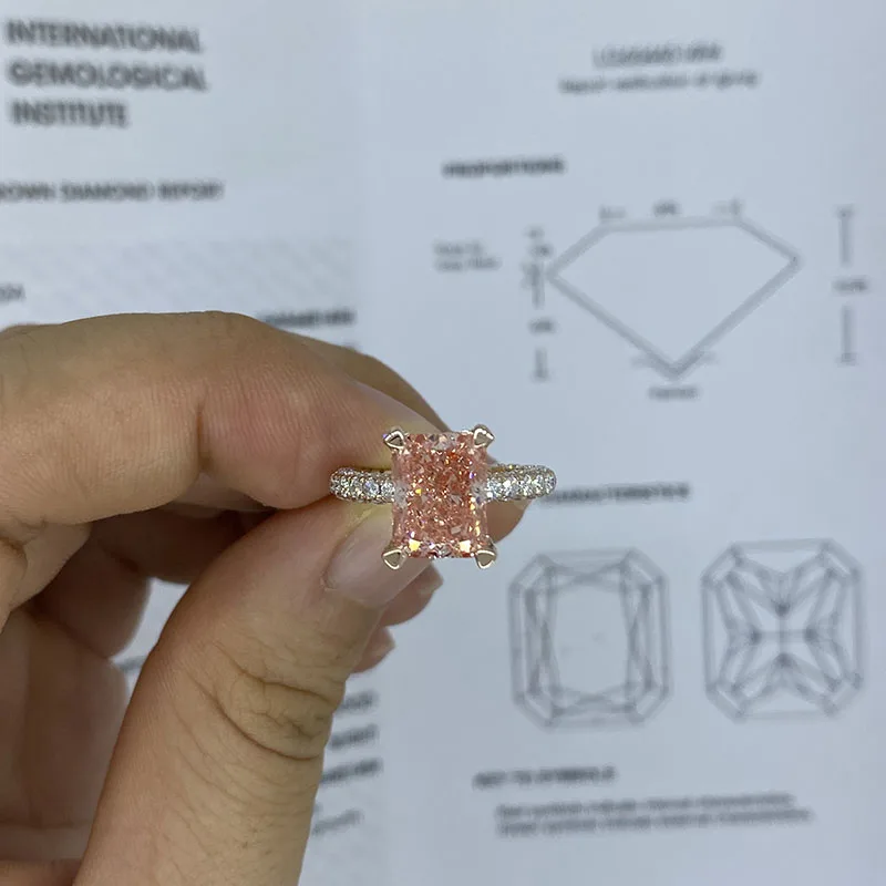 AEAW 14k Rose Gold 3CT Radiant Cut  CVD HPHT Pink Color Lab Grown Diamond Engagement Ring IGI Certificate