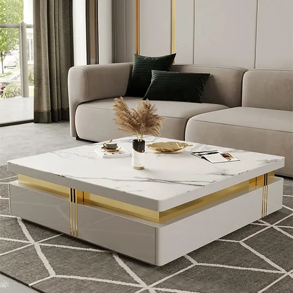 Newest Living Room White Mirrors Coffee Table Gold Stainless Steel Accent Table Square Center Table for Home Hotel
