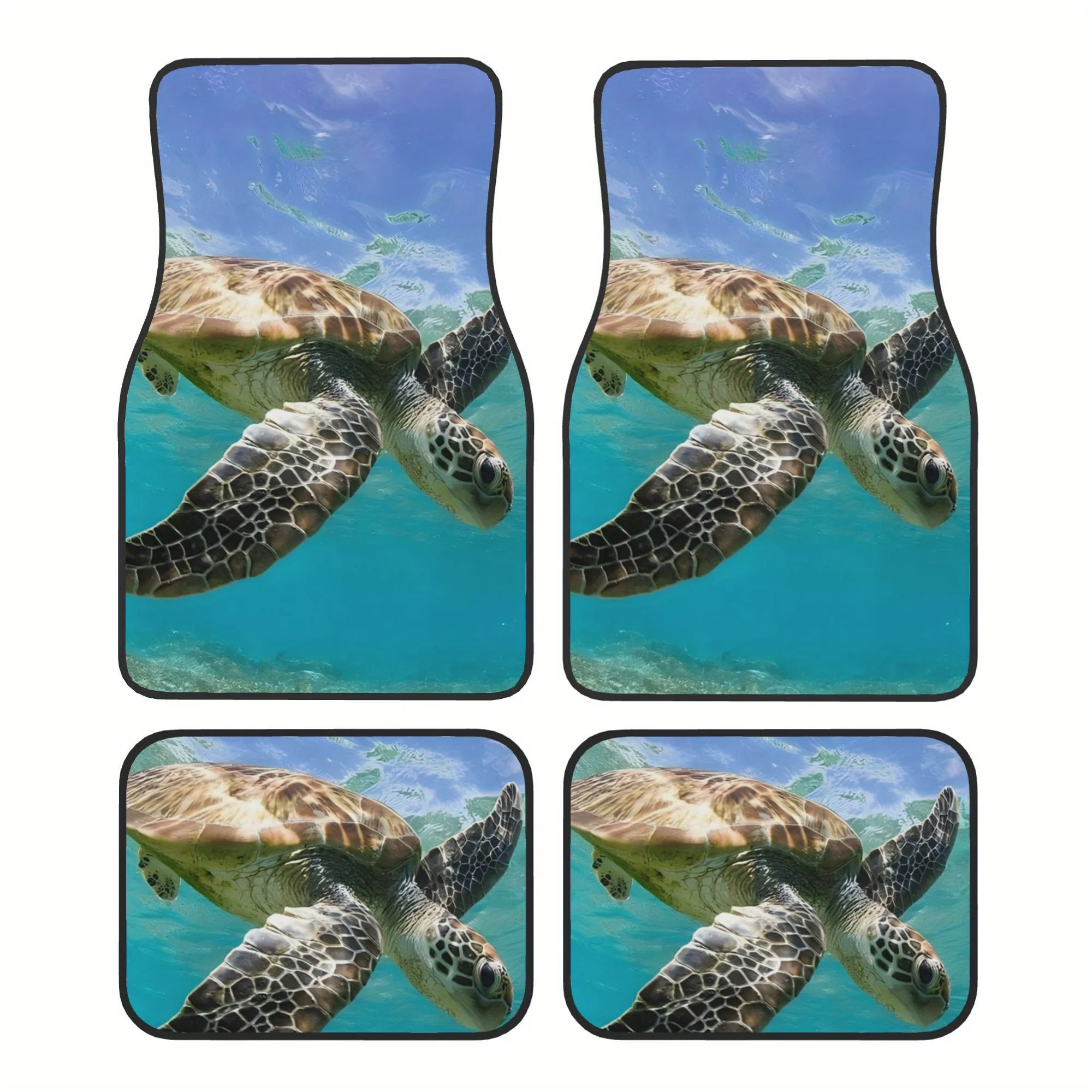 Set Of 4 Green Sea Turtle Designs Gliding Through Clear Ocean Waters, Universal Car Floor Mats - Made From Polyester, Featuring