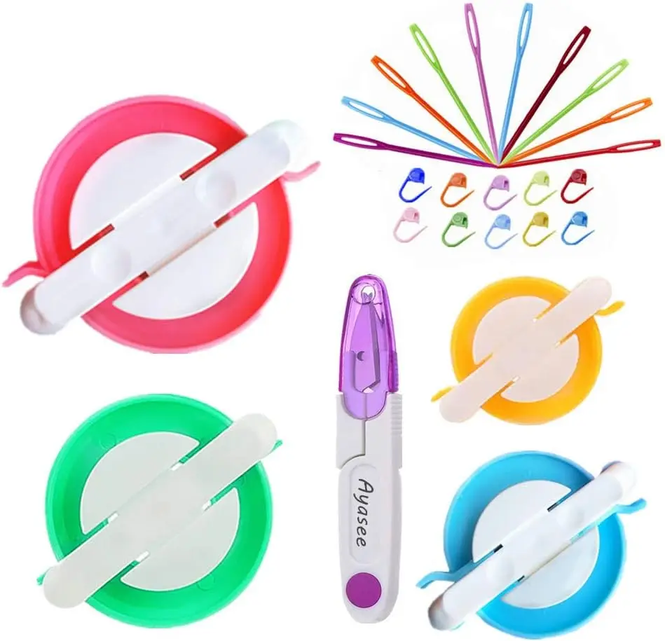 Pom Pom Maker Kit with 4 Sizes, Knitting Stitch Markers, Needles & Scissors for DIY Crafts