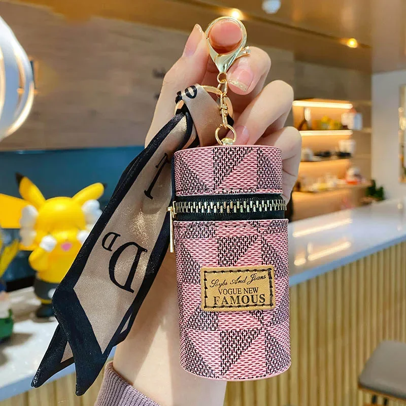 Luxuriöse Leder-Eimer-Lippenstifttasche mit Anhänger, Kopfhörertasche, Mini-Schlüsselanhänger-Tasche, Schlüsselbeutel, Damen-Accessoires, Schlüsselring, Geschenk – Detail 8