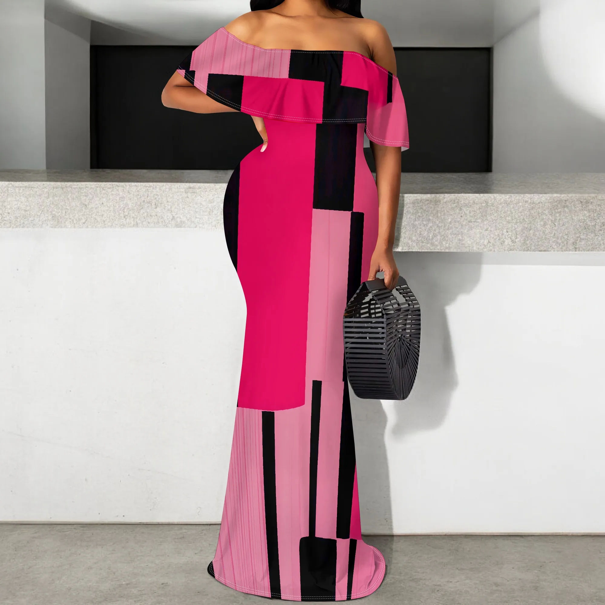 

Pink Geometric Print Maxi Dress S‑3XL One Shoulder Mermaid Style for Art Show, Summer Party or Elegant Gallery Night Look
