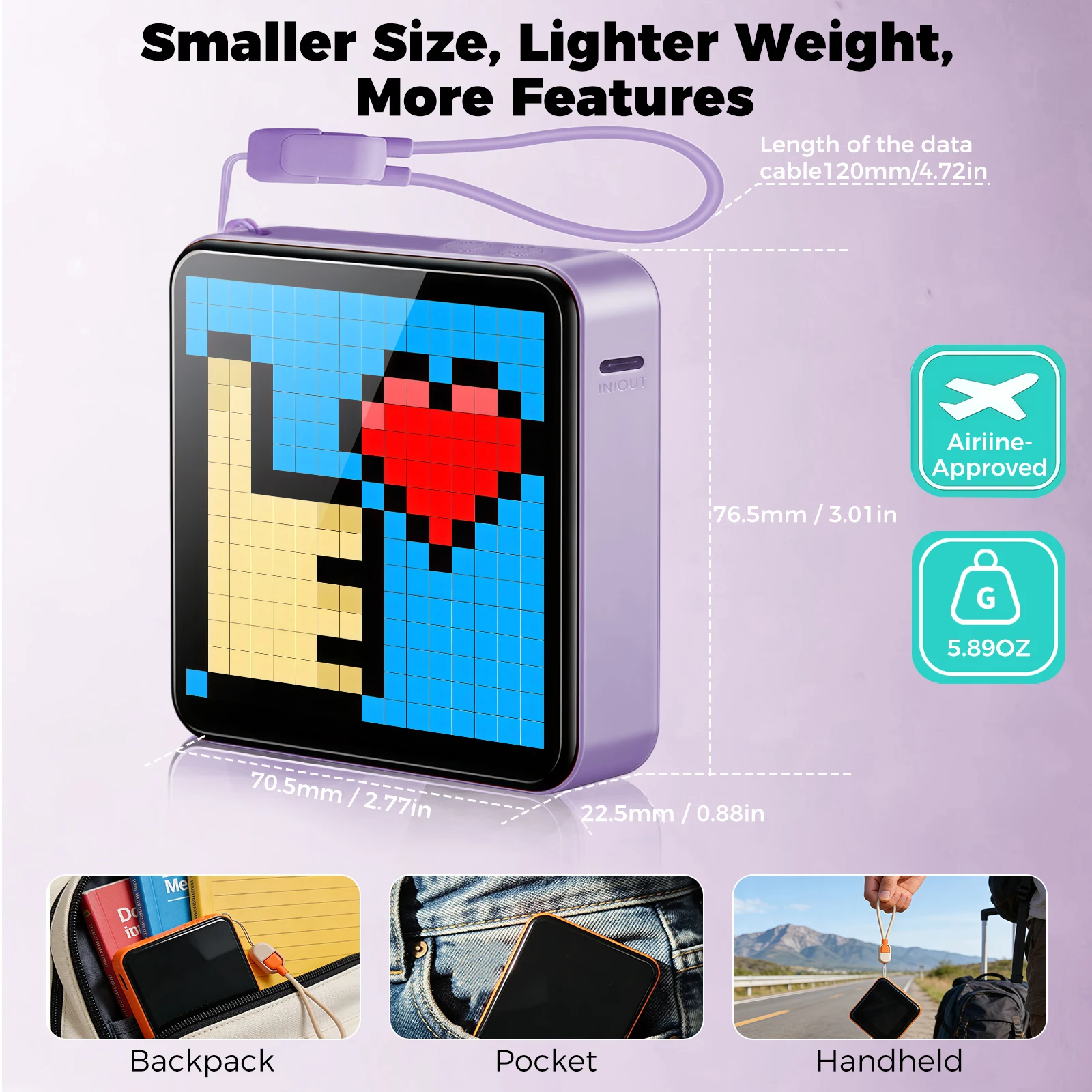 5000mAh Pixel Art Portable Charger, App Controlled RGB LED Matrix Power Bank with Built-in USB-C Cable