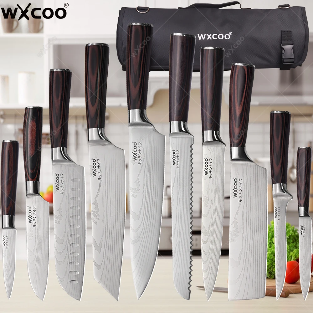 

WXCOO Japanese Santoku Knife Kitchen Knives Professional Boning Knife Chef Fruit Meat Butcher Cleaver Magnetic Knife Block