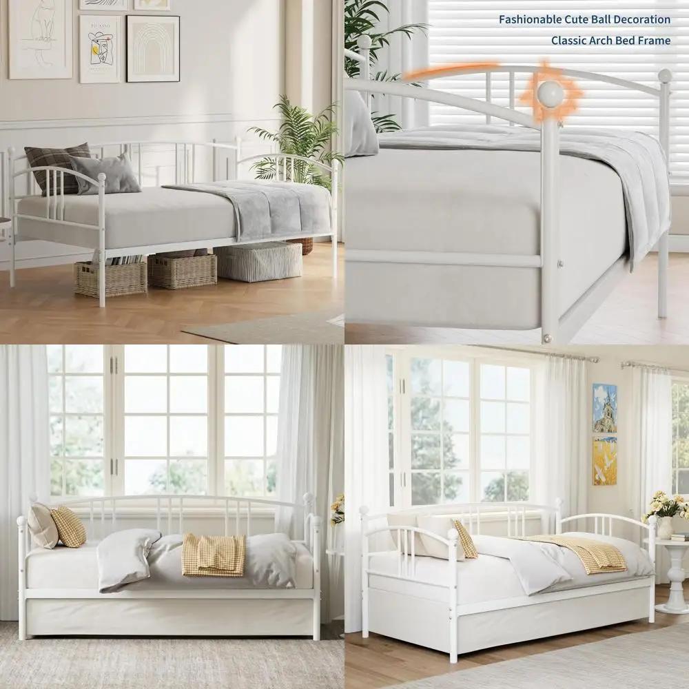 White Twin Size Metal Daybed with Arched Slat Support, No Box Spring Needed, Easy Assembly