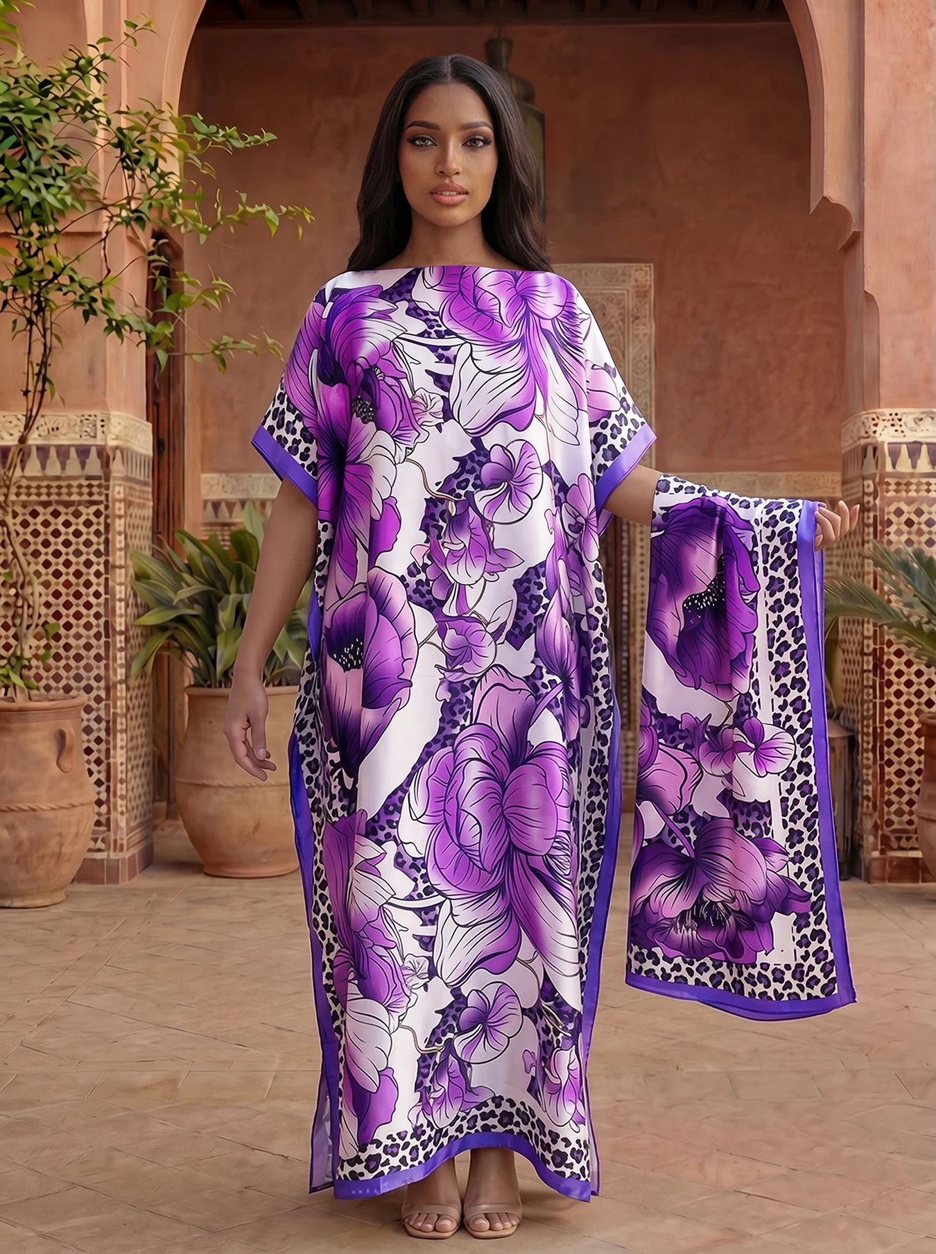 Leopard Border Big Floral Print Satin Abaya With Scarf, Loose Maxi Kaftan For Muslim Women Summer Beach Wear view 2