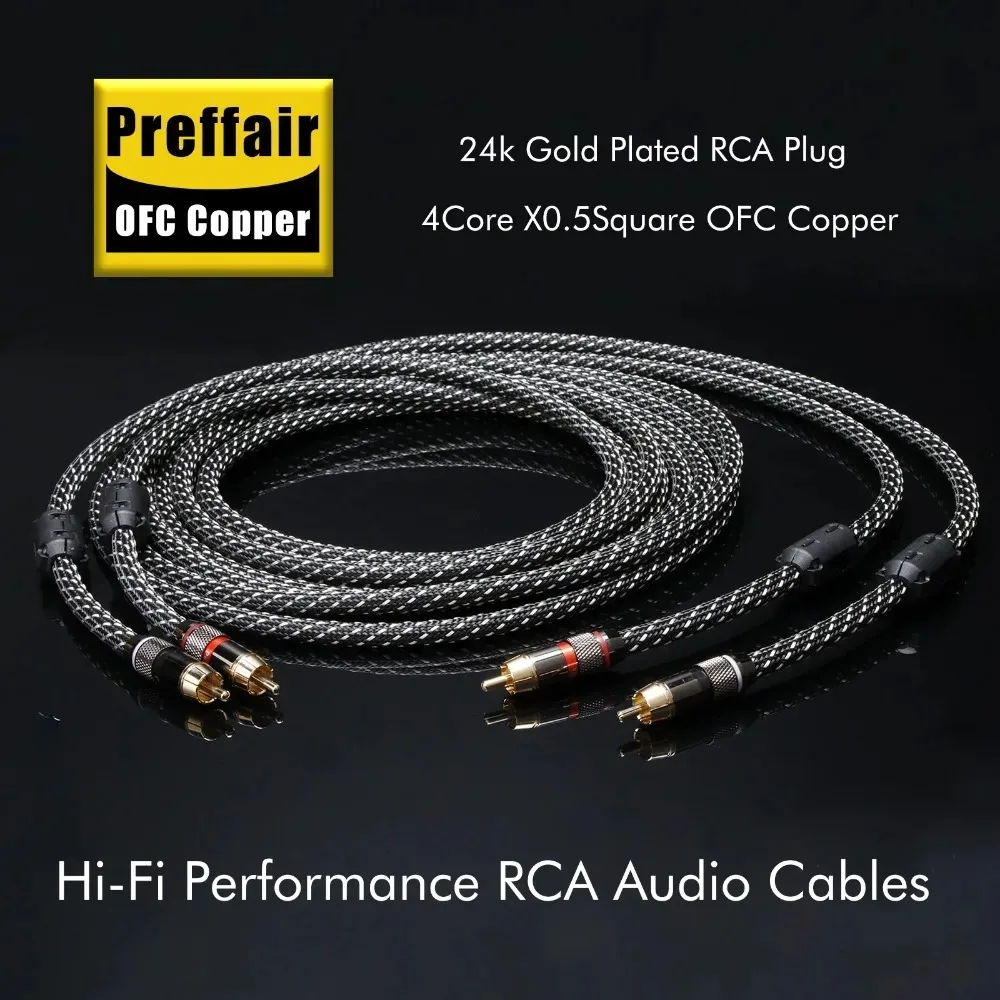 RCA Cable 4Cores OFC Audio Signal Wire Copper Braid+Double Magnetic Ring Shield with 24K Gold Plated 2RCA Plug for DAC TV