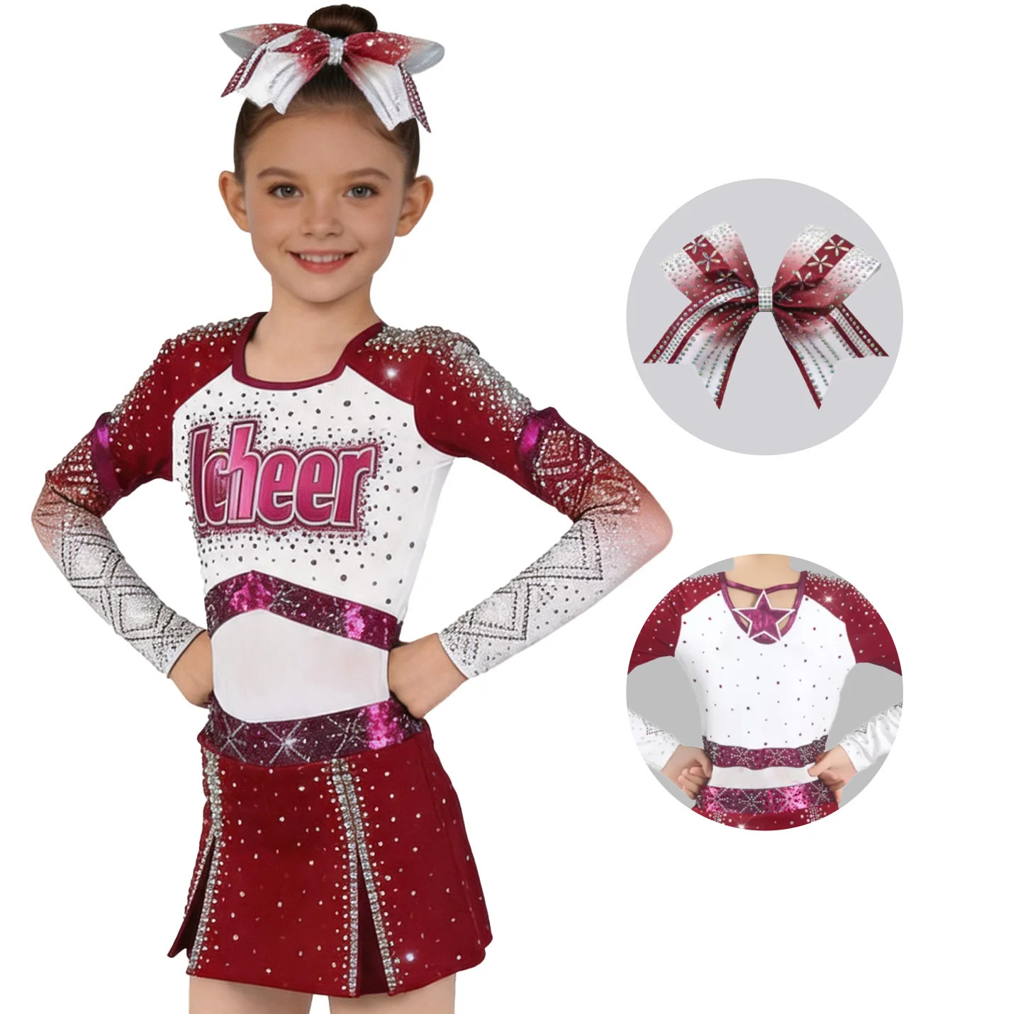 Girls Red White Cheerleading Costume Rhinestone Long Sleeve Cheerleader Uniform with Bow Kids Dance Performance Competition Wear