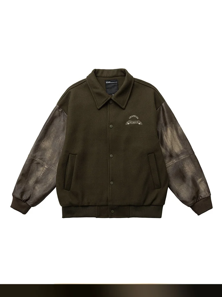 

American Retro Splicing PU Leather Long Sve Baseball Jaet Men's Casual Versatile Woolen Coat Autumn Season Faionable