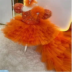 Flower Girl Dresses Orange Sequins  for Wedding Puffy Layered Tulle with Bow Dress Formal Party Birthday Communion