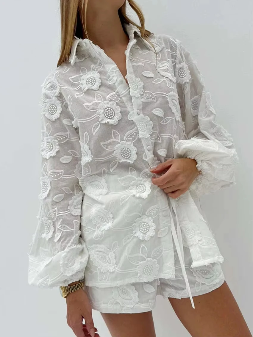 

Fashion Summer White Cotton 2 Piece Sets Women Outfit Casual Jacquard Button Wrist Sleeve Shirts And High Waist Shorts Female Se