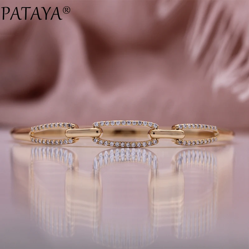 PATAYA New Romantic Women Luxury Bangles 585 Rose Gold Color Wedding Geometric Fashion Jewelry Natural Zircon Hollow Bangle