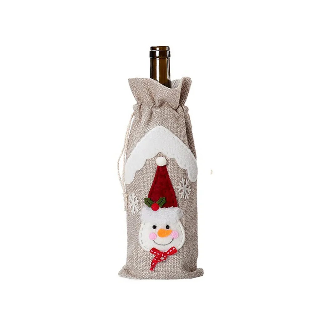 

2pcs Portable Christmas Linen Wine Bottle Cover Cartoon Reusable Red Wine Bottle Cover Santa Claus Snowman Elk Exquisite