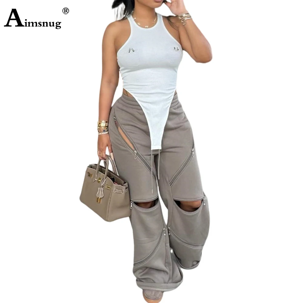 Gray Black Wide Leg Pants 2025 American Fashion Hip Hop Multi-zipper Cuff Trousers Plus Size Women Casual Full-Length Pants New