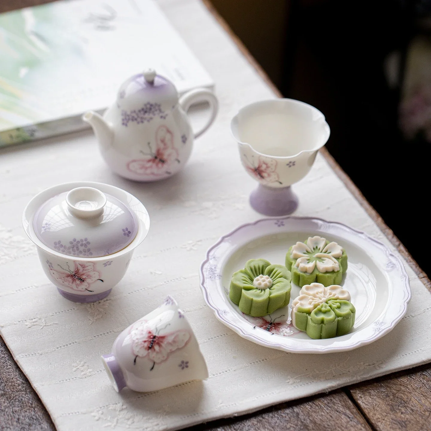High Value Gradual Change Purple Pure Hand Painted Butterfly Ceramic Teapot Cover Bowl Teacup MasterCup KungFu TeaSet Pot Holder