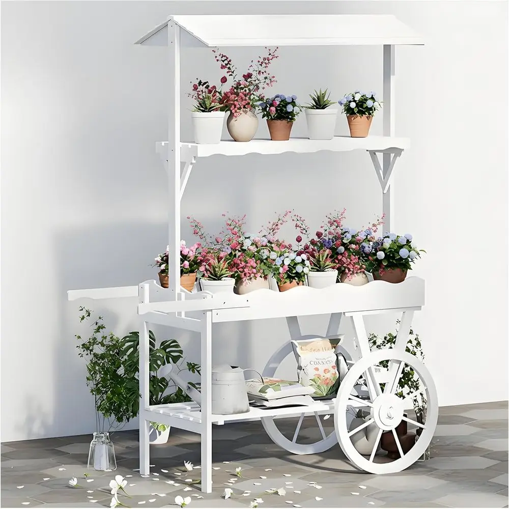 

Rolling Wooden Cart Display Stand with Wheels, Decorative Plant and Candy Store Use, White, 41.1L x 18.1W x 57.2H