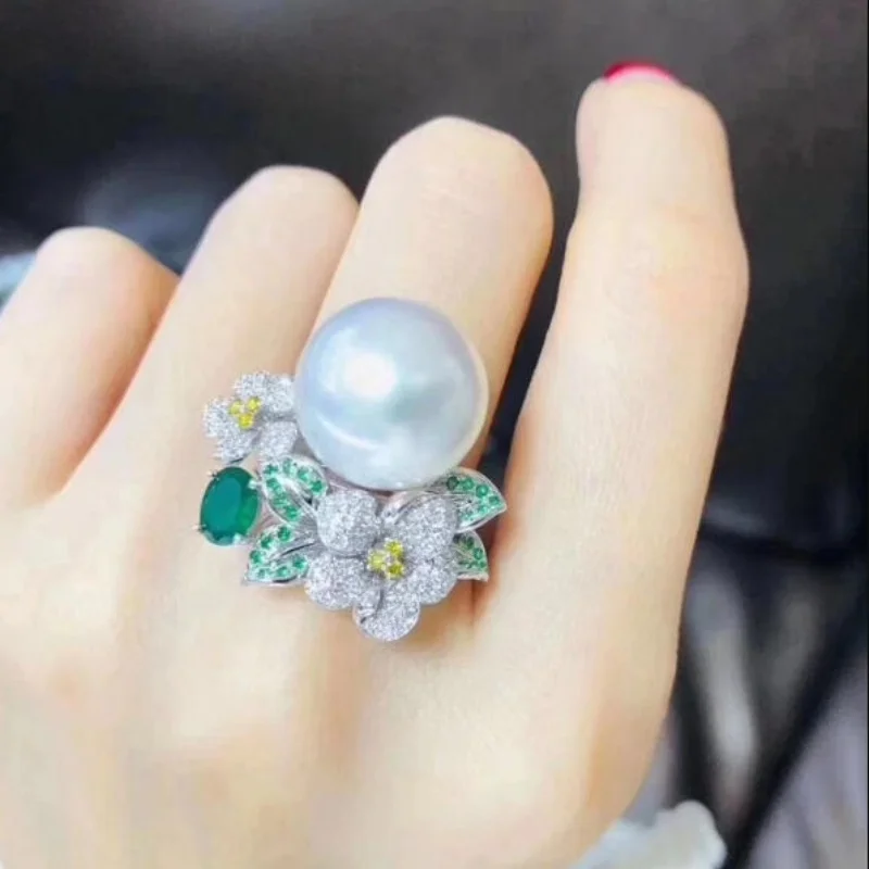 Beautiful oversized AAAA 11-12mm round natural South Sea white pearl ring 925s