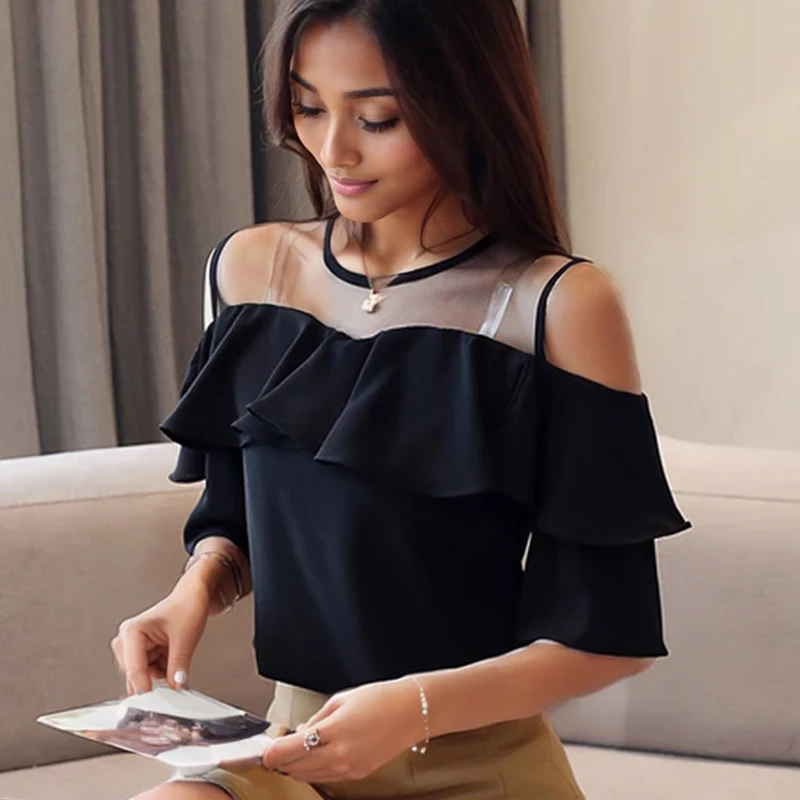 Elegant Summer Off Shoulder Women Blouses 2024 Office Lady Short Sleeve Shirts Fashion Casual Chiffon Woman Tops Clothes 4206