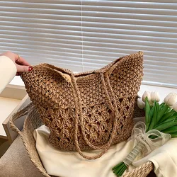 Women Hollow Cotton Thread Braid Handbag Summer Beach Bucket Bag Fashion Shoulder Packet Large Capacity Shopping Armpit Package