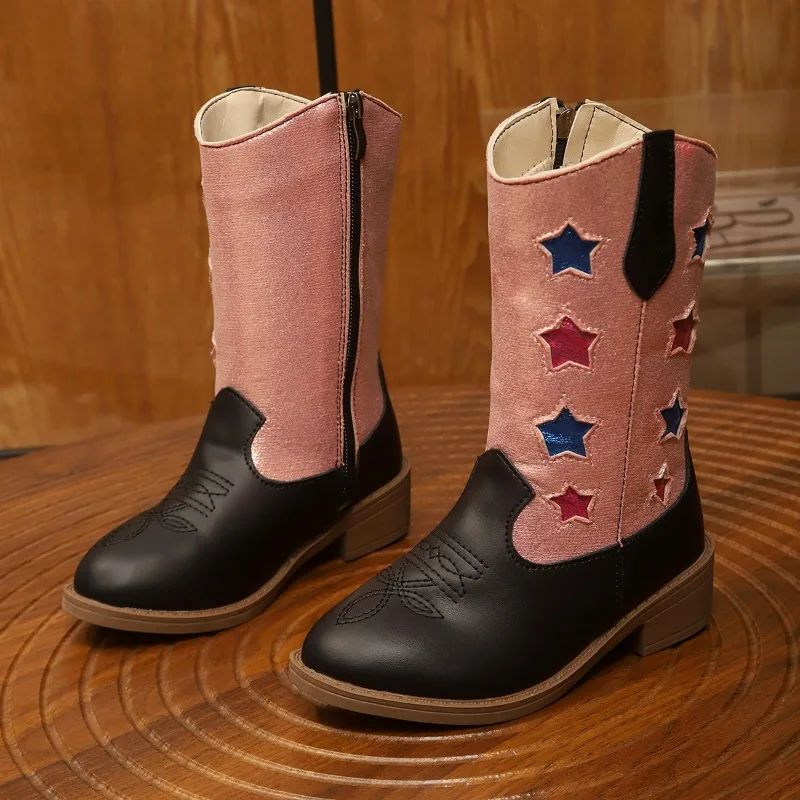 Kids Mid-calf Boots Western Style Children Princess Boots Colorful Star Embroidery 2026 Autumn Winter Girls Leather Boots Soft