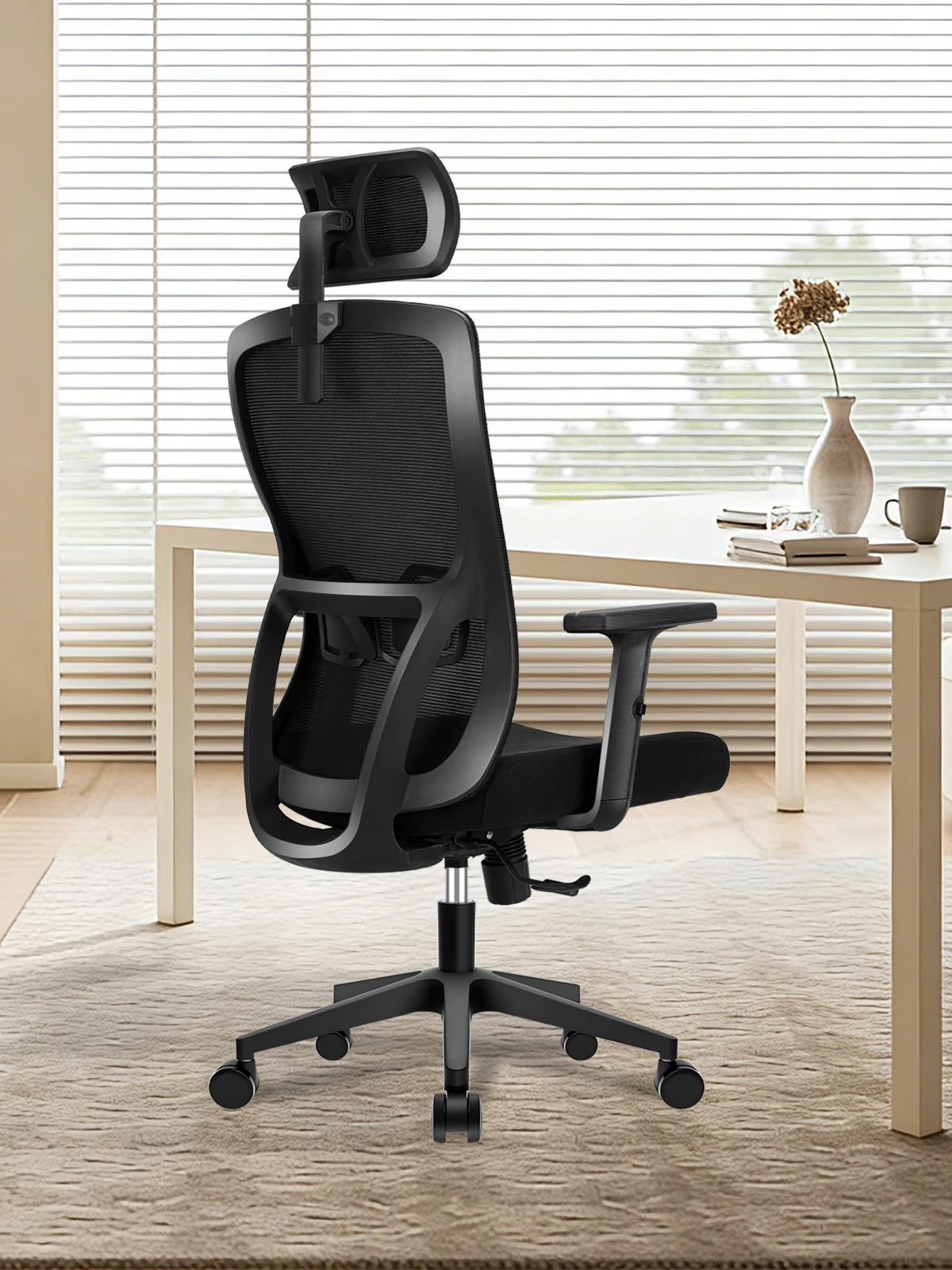 Durrafy Ergonomischer Bürostuhl, Schreibtischstuhl mit verstellbarer Kopfstütze, Armlehnen und Lendenwirbelstütze, drehbare Netzstühle, Schwarz