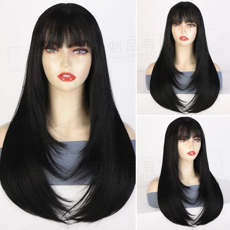 باروكة من الدانتيل الأمامي على الطراز الأوروبي والأمريكي مع غرة للنساء، باروكة دانتيل صناعية، لون سادة طويل مستقيم، جزء كبير L #1