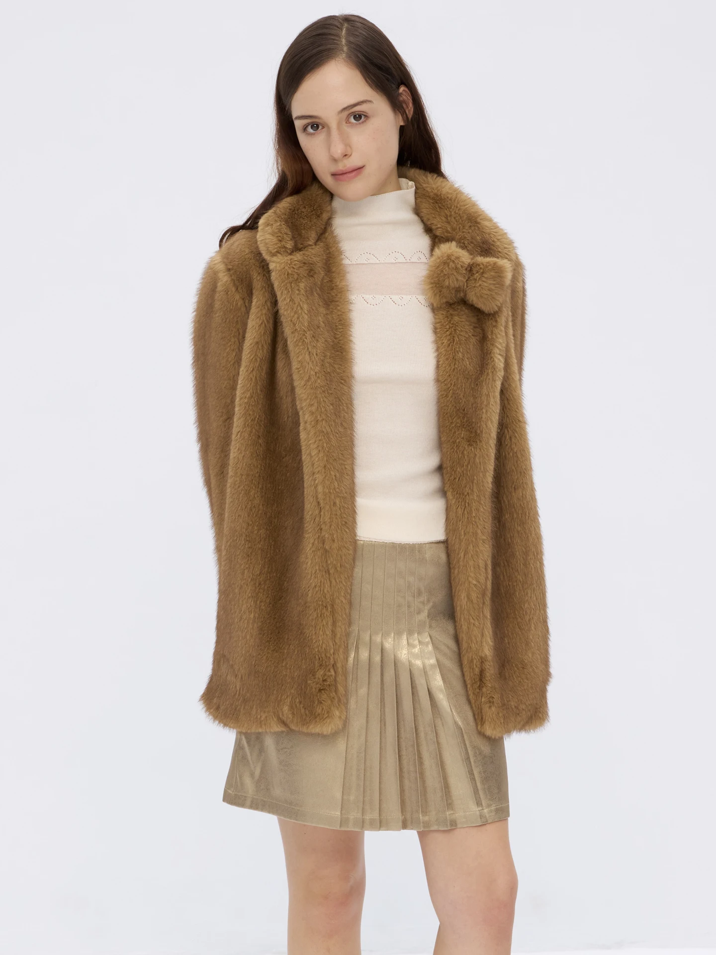 

9266Studio Warm Brown Soft Fce Outerwear Princely Sle Mid-Length Eco-Friendly Fur Coat Comfortable Windproof Thiened