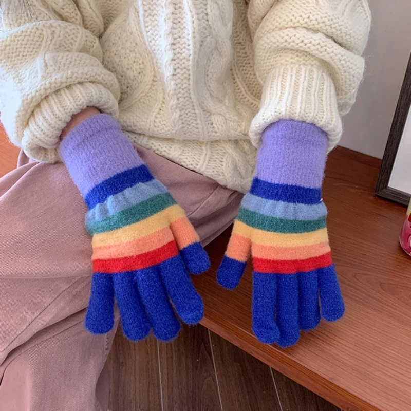 Women Colorful Striped Pattern Knit Gloves Y2K Girls 2 Finger Exposed Gloves Full Finger Warm Mittens for Cold Weather Cycling