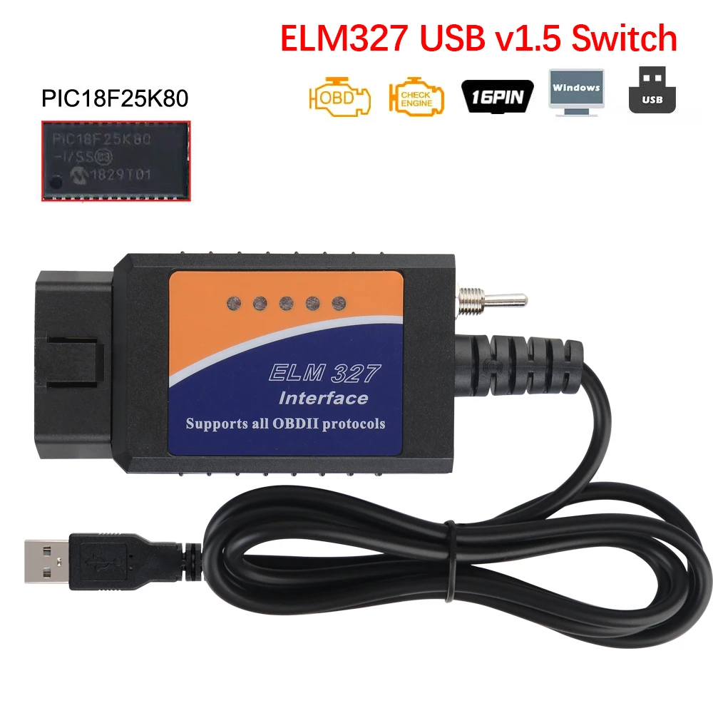 

ELM327 USB v1.5 Switch Support Most OBDII Protocols obd2 SCANNER Car Diagnostic Cable FORscan HS-CAN and MS-CAN PIC18F25K80 Chip