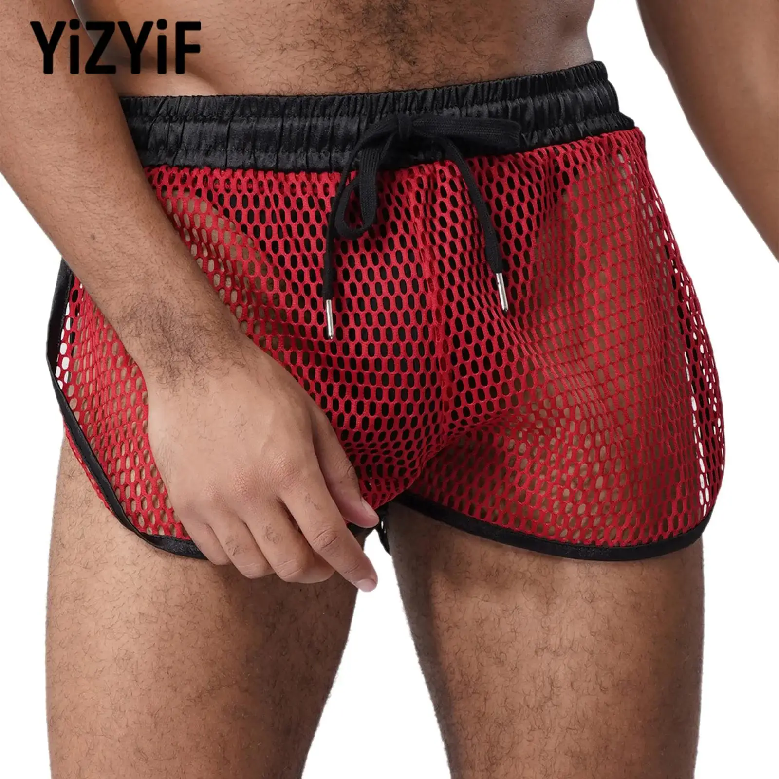 

Men Gym Shorts Hollow Out Mesh Shorts Drawstring Contract Trim Sides Split Athletic Shorts with Back Pocket Sportswear Beachwear