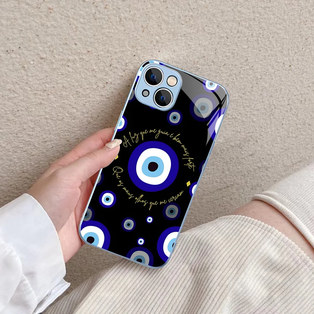 Funny Turkish Lucky Blue Evil Eye  Phone Case Tempered Glass For iphone 14 13 12 11 Pro Mini XS MAX 14Plus X XS XR Cover