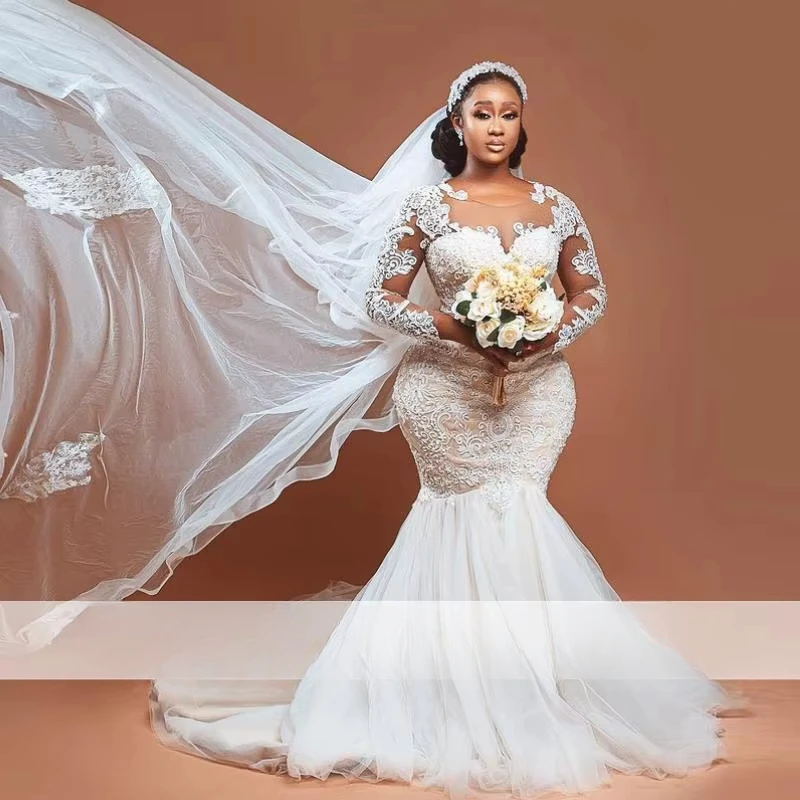 Plus Size Mermaid Wedding Dresses African Sheer Neck Long Sleeves Appliques Bridal Gown vestidos de novia Without Veil