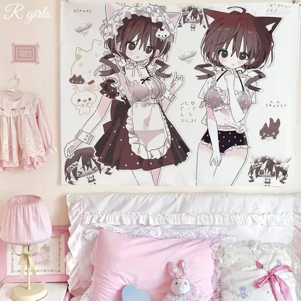 VIKAMA Cat Ear Anime Girl Tapestry Blue Aesthetic Nekomimi Wall Hanging for Otaku Bedroom
