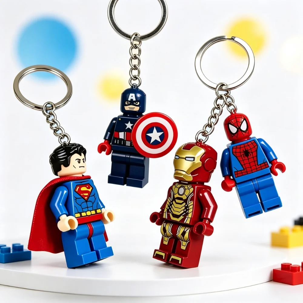 Kawaii Spiderman Iron Man Building Block Keychain Mini Action Figure Backpack Pendant Car Interior Ornament Cartoon Collect gift