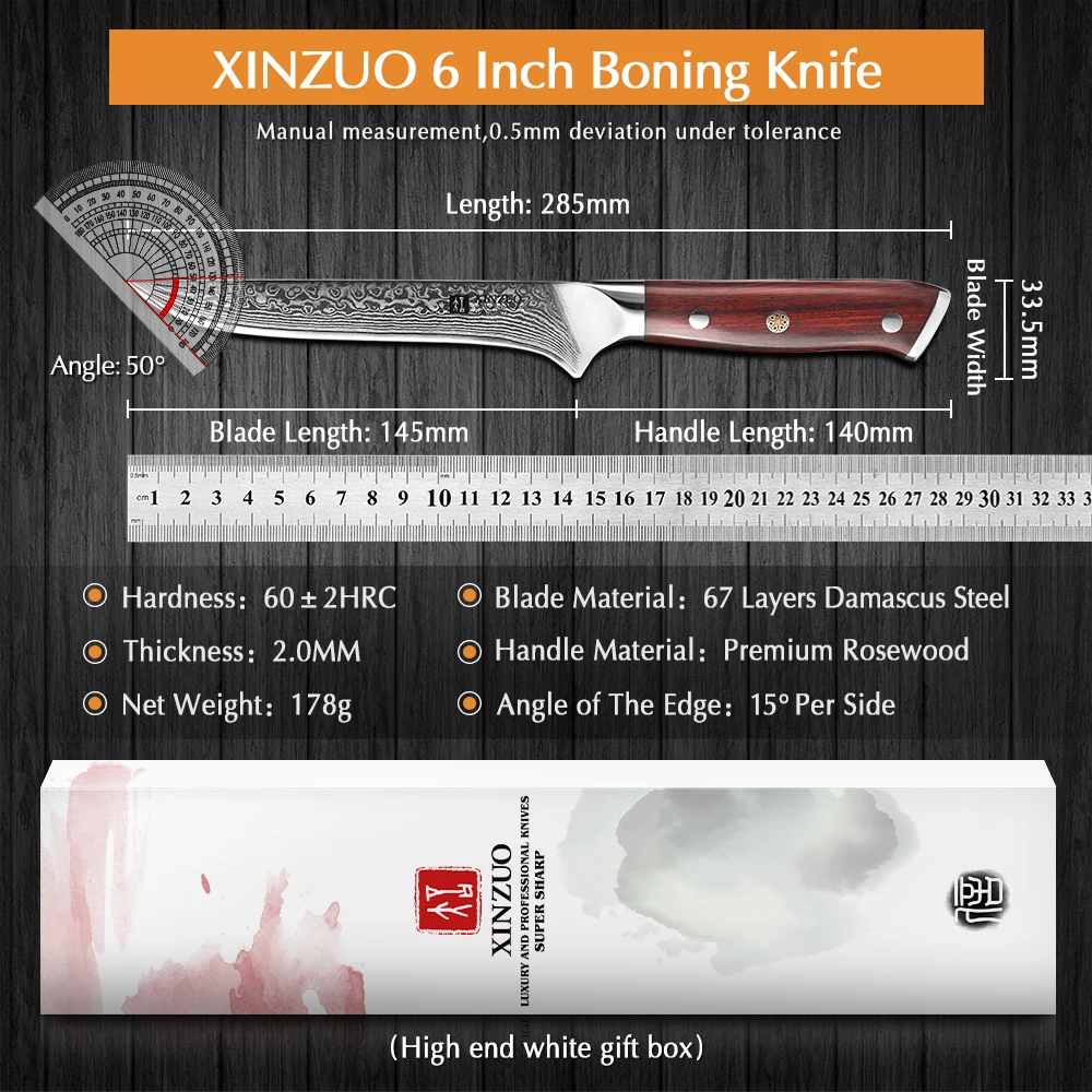 XINZUO 6'' Inch Eviscerate Knife Japan Style Damascus Steel Kitchen Knife High Quality Boning Fillet Fish Knives Rosewood Handle