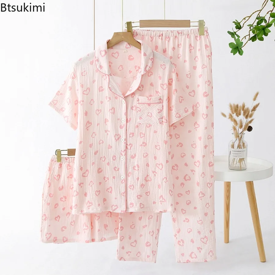 

Women's Summer Pajamas 3 Pieces Set 100% Cotton Female Sleepwear Pajamas Sets Short Sleeved Long Pants and Shorts Suit Female