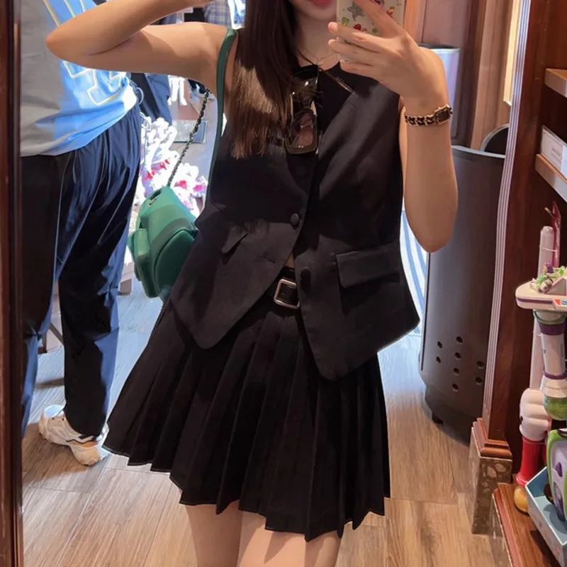 Korea Elegant Two Piece Set Vintage Office Lady Button Sleeveless Top + Pleated Mini Skirts Suit Retro Summer Black Outfit White