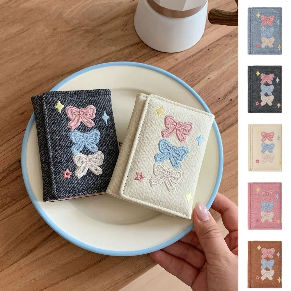 Portable Embroidered Bow Wallet PU Leather Embroidery Denim Coin Purse Multiple Card Cute Leather Card Holder Shopping