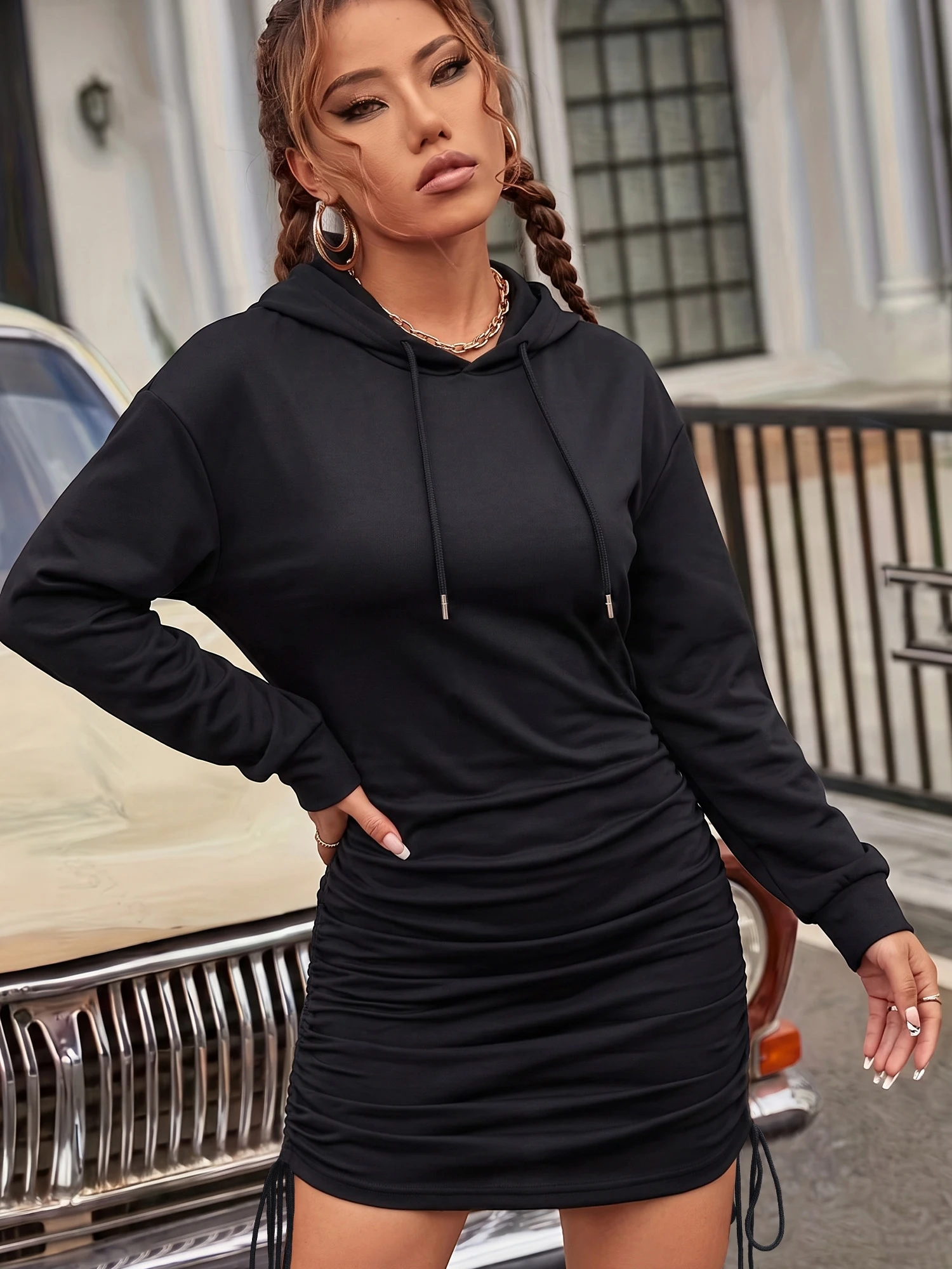 Autumn Ladies Hooded Short Dress Long Sleeve Double Drawstring Ruched Bodycon Streetwear Outfit